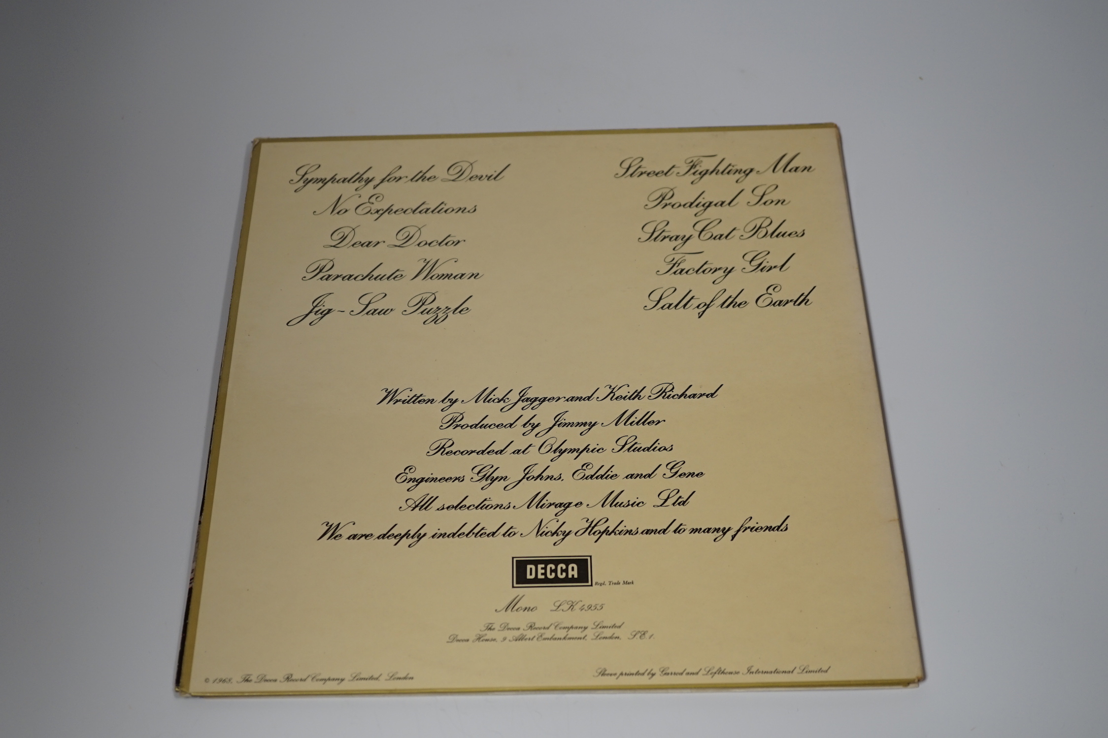 Rolling Stones; beggars banquet, LP record album, first mono pressing on red DECCA label, LK.4955, XARL-8476-4A, in gatefold sleeve